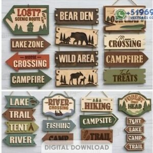 Señales Decorativas de Camping y Bosque – Pack Rústico para Corte Láser