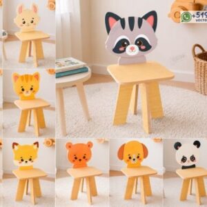 Sillitas Infantiles con Caritas de Animales en Madera para Corte Láser