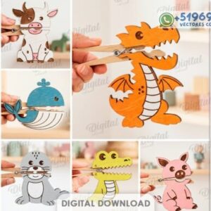Marionetas Infantiles con Pinzas de gancho de ropas – Pack de Animales Divertidos para Corte Láser