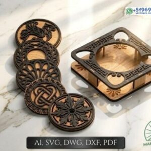 Posavasos Griegos con Soporte en Madera para Corte Láser