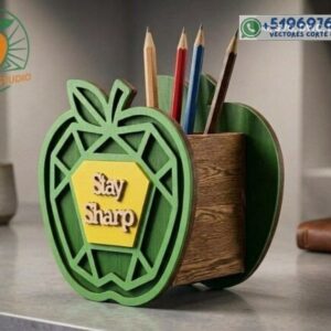 Portalápices 3D en Forma de Manzana – Organizador Escolar para Corte Láser