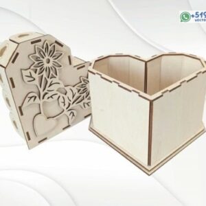 Caja decorativa en forma de corazón con tapa floral – Archivo vectorial en MDF 3 mm