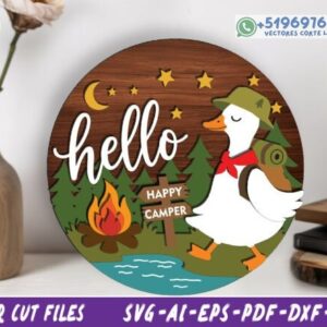 Letrero Circular “Hello Happy Camper” con Oca Aventurera para Corte Láser