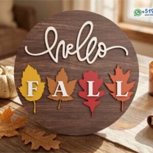Letrero redondo Hello Fall para puerta – Archivo vectorial decorativo de otoño