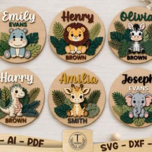 Placas Redondas Personalizadas con Animales Safari para Corte Láser