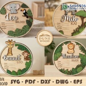 Placas de Nacimiento Safari Personalizadas para Bebé en Corte Láser