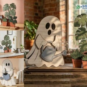 Fantasma jardinero de Halloween con macetas – Archivo vectorial decorativo para sobremesa