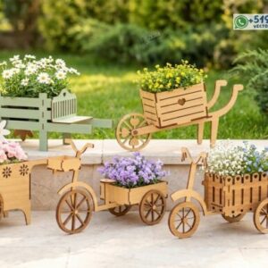 Set de jardineras decorativas tipo carretilla y bicicleta – 5 diseños vectoriales en MDF 3 mm