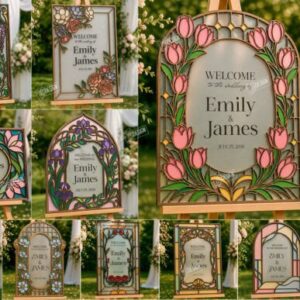Juego de letreros de bienvenida para bodas con efecto vitral