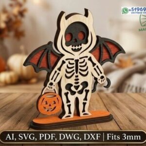 Esqueleto Halloween con alas y calabaza – Archivo vectorial decorativo en MDF 3 mm