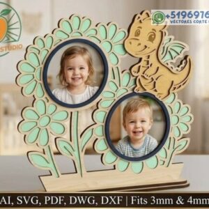 Portarretrato Infantil con Dinosaurio y Flores para Corte Láser