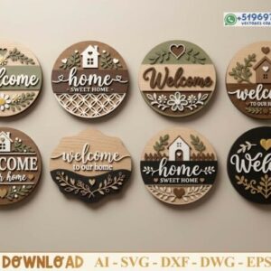 Pack de letreros circulares “Welcome” y “Home Sweet Home” en capas