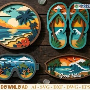Pack de diseños playeros multicapa en vector para decoración tropical