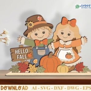 Adorno de otoño Hello Fall con pareja infantil y calabazas – Archivo vectorial decorativo de sobremesa
