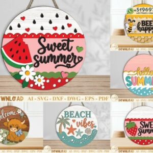 Pack de letreros redondos de verano para puerta – Diseños vectoriales decorativos