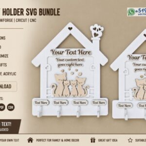 Porta Llaves Familiar Personalizado en Forma de Casa con gatitos para Corte Láser