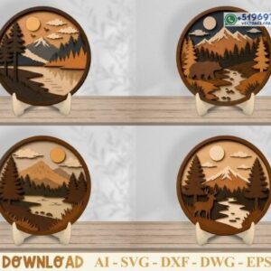 Pack de cuadros de paisajes circulares en capas para sobremesa – 4 diseños decorativos en archivo vectorial