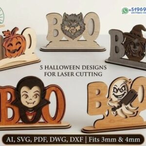 Pack Halloween “BOO” en madera – 5 diseños decorativos en archivo vectorial