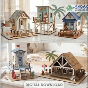 Casas de Playa Miniatura 3D para Corte Láser en MDF