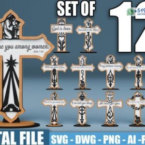 Pack de cruces decorativas con versículos bíblicos – Set de 12 diseños vectoriales en MDF 3 mm