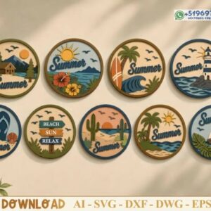 Pack de placas circulares decorativas de verano – Set vectorial con 9 diseños temáticos