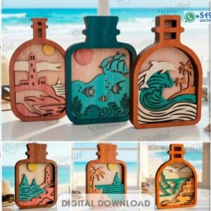 Decoración 3D en Botellas con Paisajes Marinos para Corte Láser