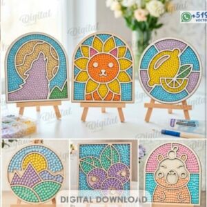 Pack de cuadros tipo mosaico para pintar – Diseños decorativos estilo vitral en archivo vectorial