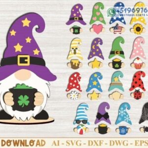 Gnomos Decorativos de Temporada con Sombreros Temáticos para Corte Láser