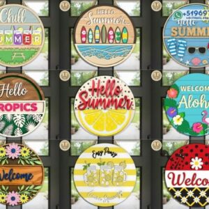 Pack de letreros circulares veraniegos para puerta – 9 diseños decorativos en archivo vectorial