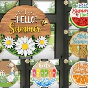 Pack de letreros de puerta para verano – Diseños circulares decorativos en archivo vectorial
