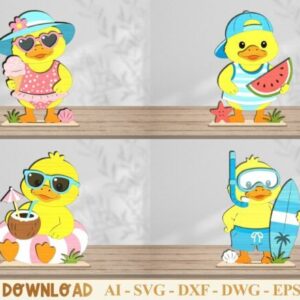 Patitos de Verano con Soporte en Madera para Corte Láser