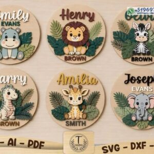 Set de placas cuadros redondos infantiles personalizadas con animales safari en relieve