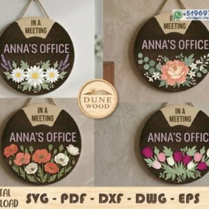 Pack de placas circulares personalizadas para oficina – 4 diseños florales en archivo vectorial