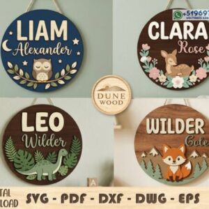 Pack de placas infantiles redondas con nombre personalizado – Diseños temáticos de animales y naturaleza