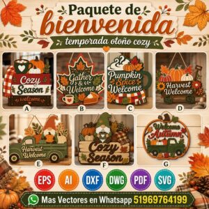 Pack de letreros de bienvenida para otoño cozy – 7 diseños decorativos en archivo vectorial