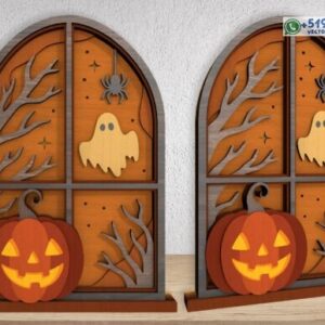 Ventana Decorativa de Halloween con Calabaza, Fantasma y Araña Diseño en Capas