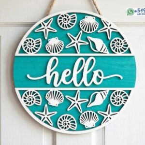 Letrero circular de puerta “Hello” con temática marina en archivo vectorial