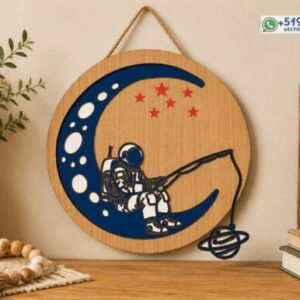Letrero redondo de astronauta pescando en la luna – Archivo vectorial decorativo espacial
