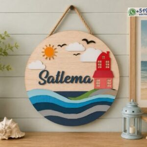 Letrero Circular Costero Personalizado con Faro y Olas