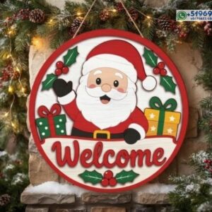 Letrero navideño de bienvenida con Papá Noel y regalos