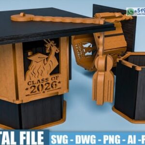 Caja de graduación “Class of 2026” con porta lápices y borla birrete decorativa en vector