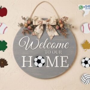 Letrero Redondo Intercambiable “Welcome to Our Home” con Íconos Temáticos Archivos Vectoriales para Decoración