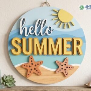 Letrero circular “Hello Summer” con playa y estrellas de mar en archivo vectorial