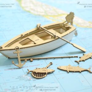 Kit Completo de Barco de Pesca en Miniatura para Corte Láser