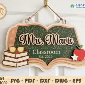 Letrero personalizado para puerta de aula con forma de libro