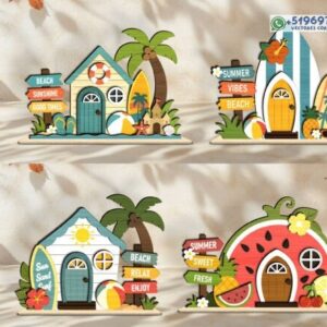 Pack de casitas decorativas de verano y playa – Diseños vectoriales tropicales para sobremesa