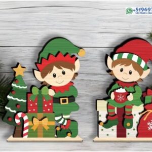 Duende navideño Elfo de mesa con regalos y árbol – archivo vectorial multicapa