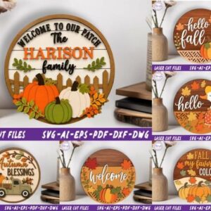 Letreros Redondos de Otoño Personalizables para Puerta Pack Vectorial en SVG, AI, EPS, PDF, DXF y DWG