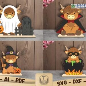 Pack de figuras Halloween de vaquita Highland – Diseños decorativos en vector
