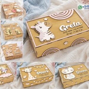 Pack 10 Vectores Cajas de Recuerdos Infantiles Personalizables para MDF 3mm